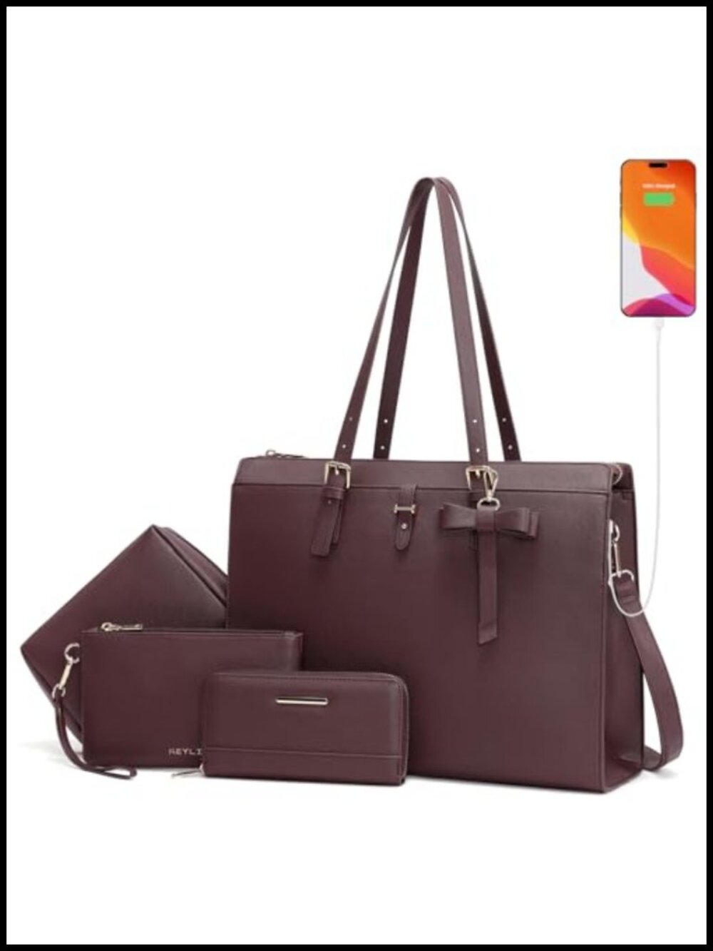 4pc Laptop Bag Set PU Leather Briefcase Satchel USB Charging Tote